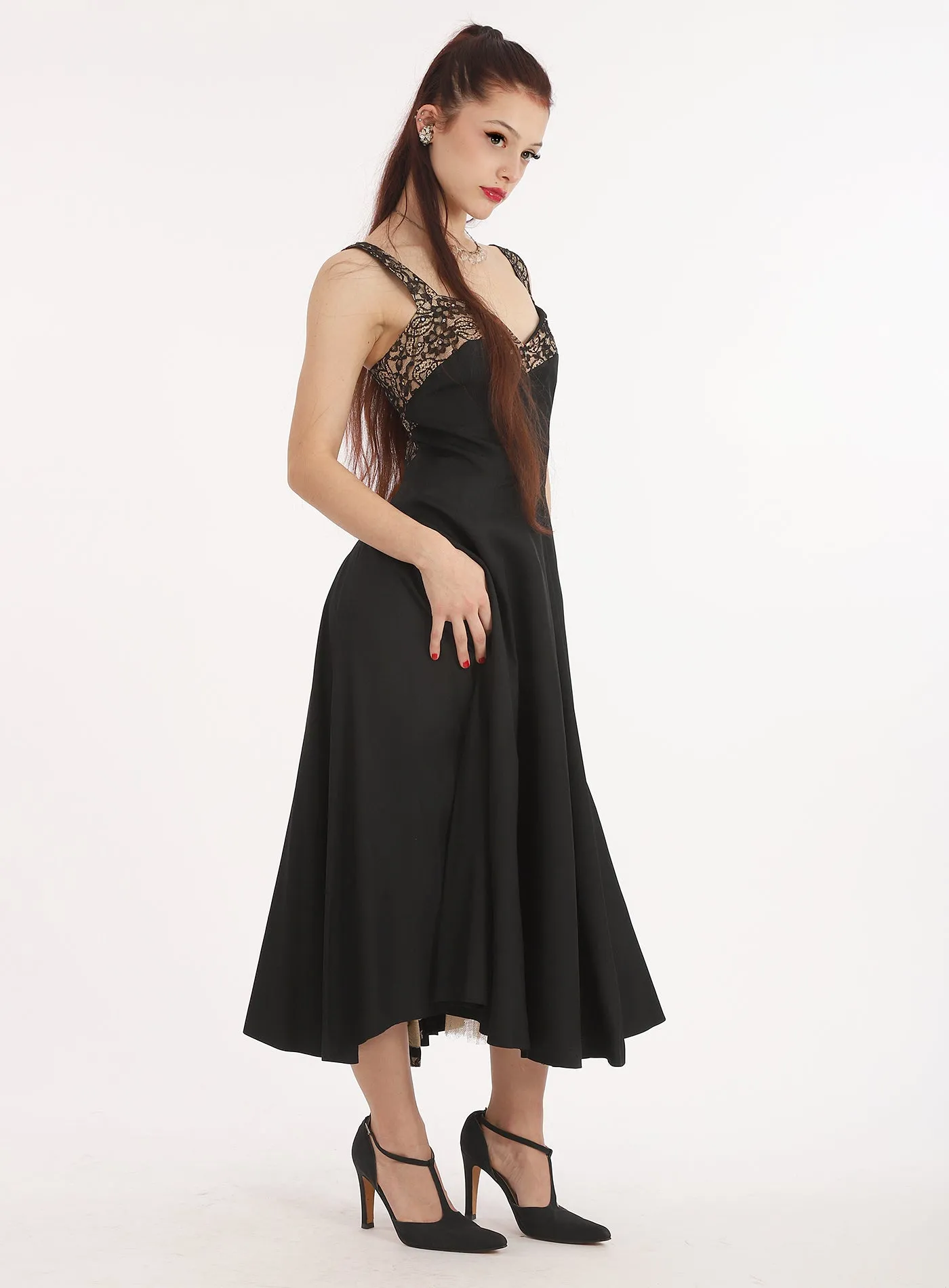 50s Black Lace Inset Fit and Flare Dress