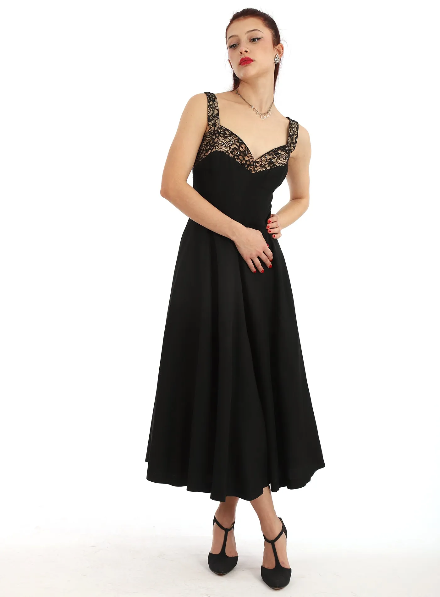 50s Black Lace Inset Fit and Flare Dress