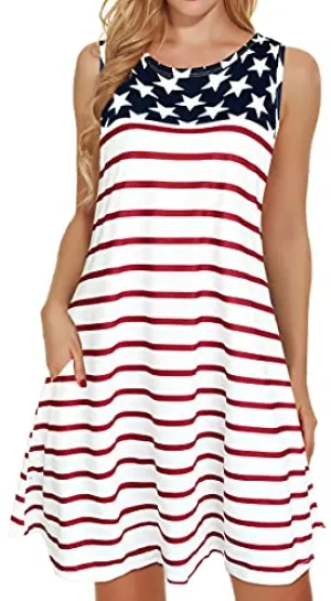 American Flag Summer Dresses for Women Beach Floral Tshirt Sundress Sleeveless Pockets Casual Loose Tank Dress - elescat