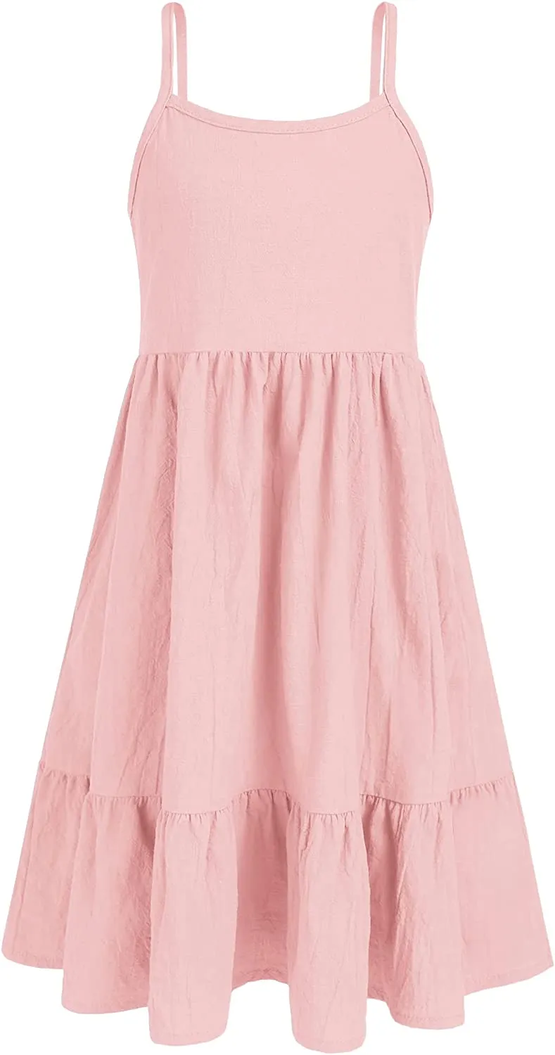Arshiner Girl's Summer Sundress Spaghetti Strap Linen Midi Dress