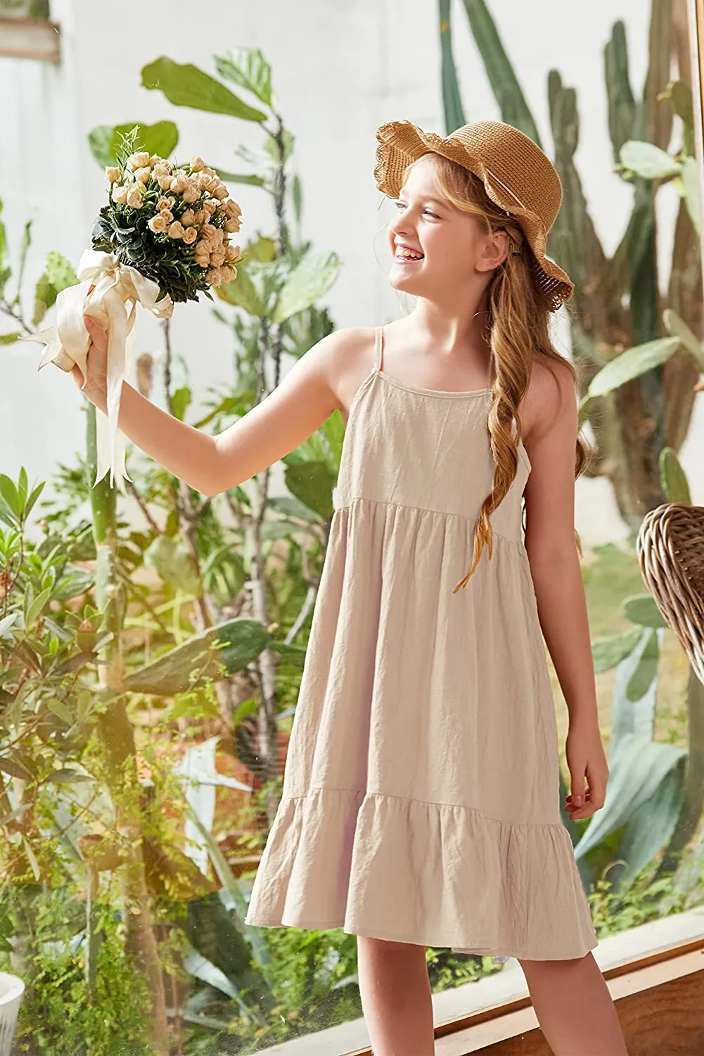 Arshiner Girl's Summer Sundress Spaghetti Strap Linen Midi Dress
