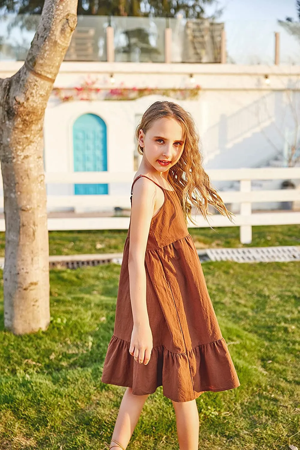 Arshiner Girl's Summer Sundress Spaghetti Strap Linen Midi Dress