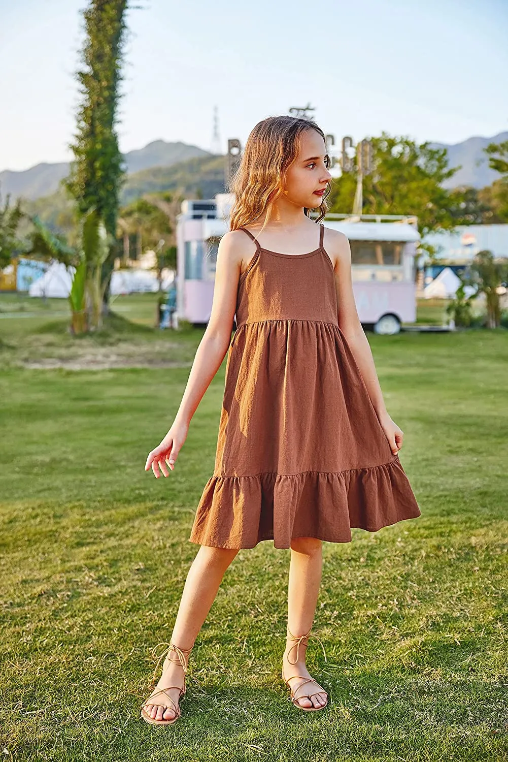 Arshiner Girl's Summer Sundress Spaghetti Strap Linen Midi Dress
