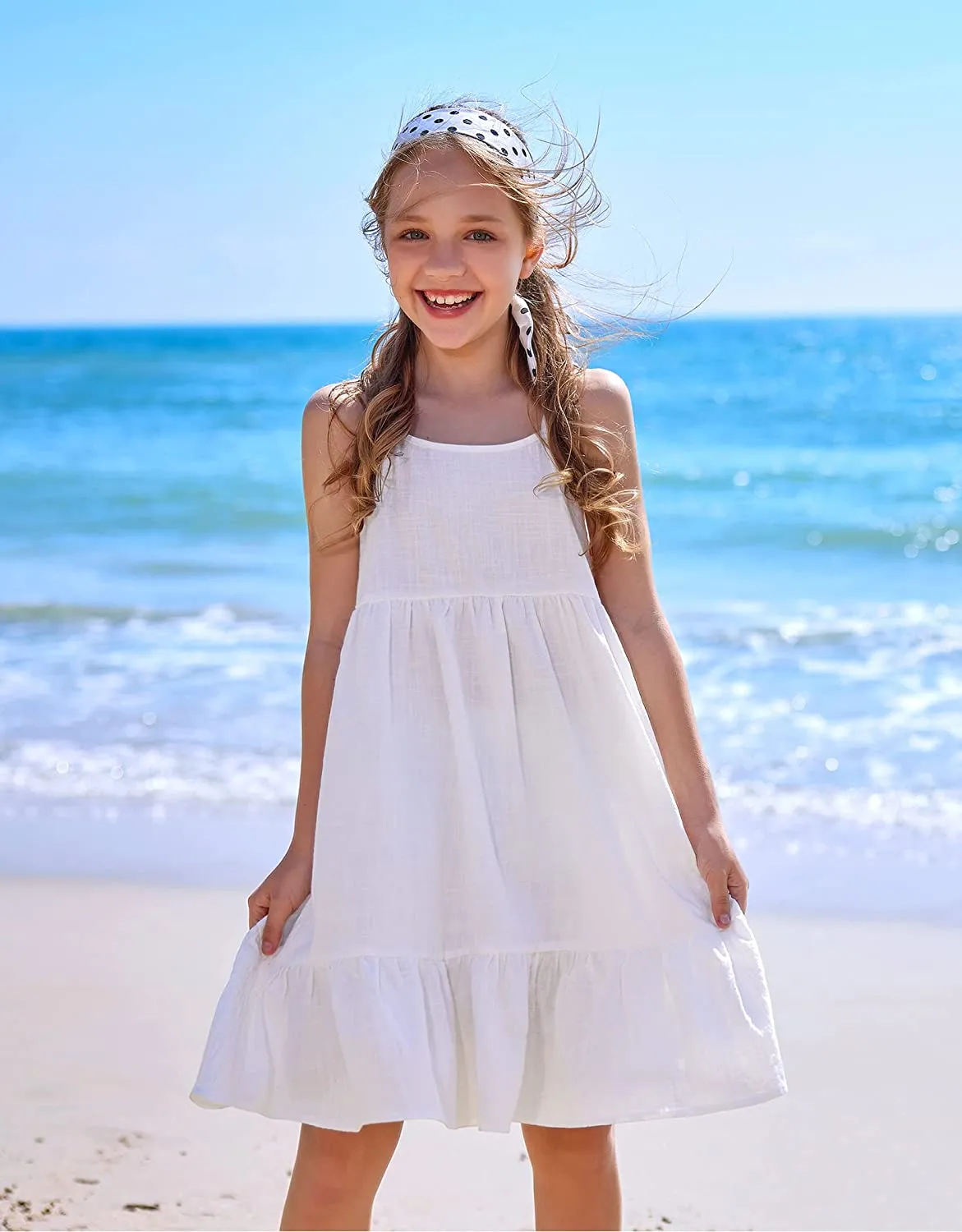 Arshiner Girl's Summer Sundress Spaghetti Strap Linen Midi Dress