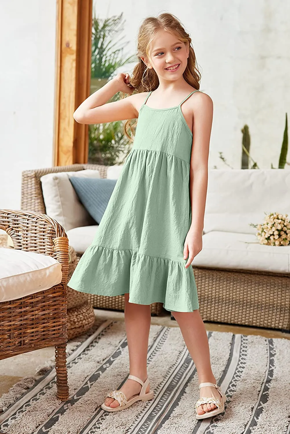 Arshiner Girl's Summer Sundress Spaghetti Strap Linen Midi Dress