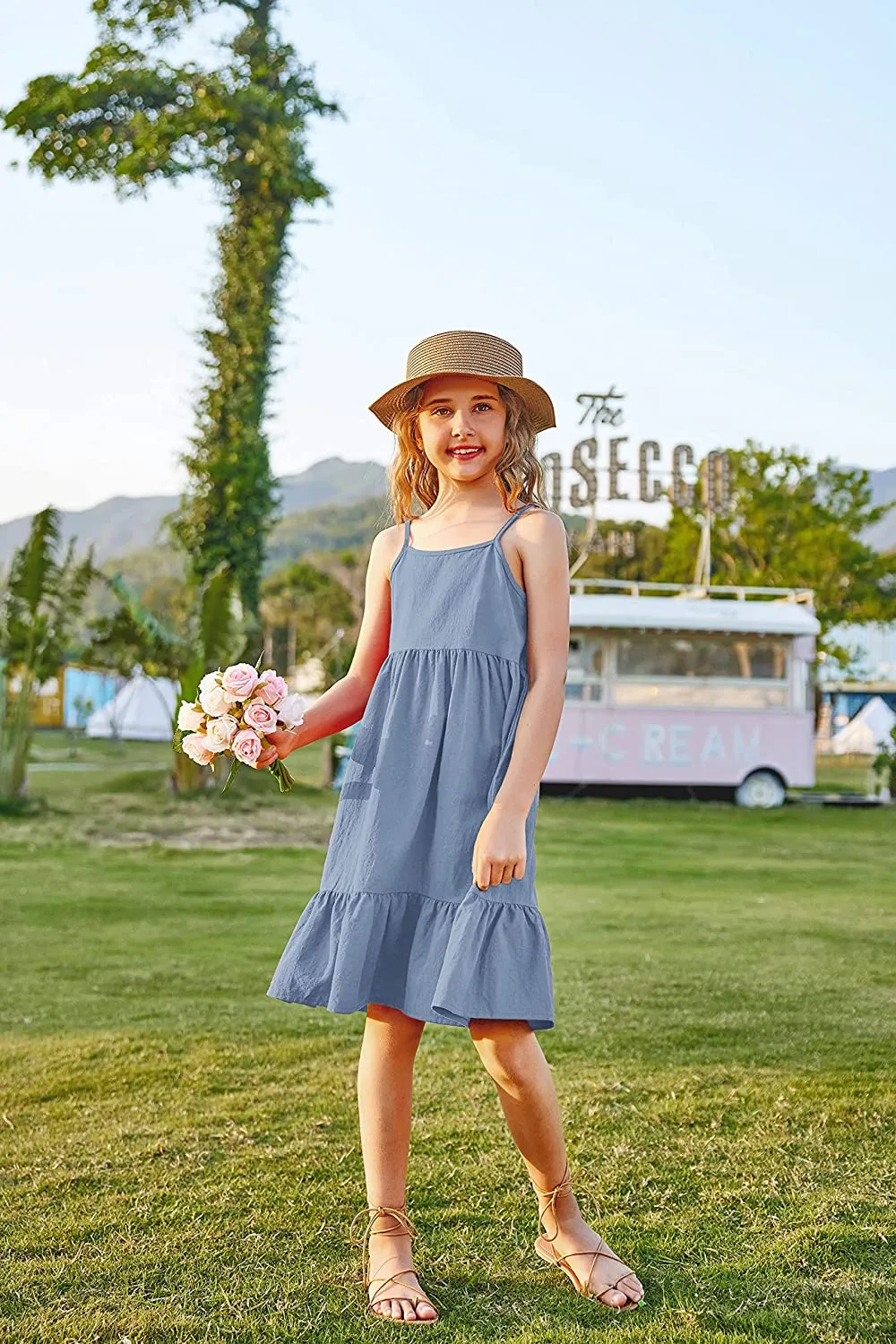 Arshiner Girl's Summer Sundress Spaghetti Strap Linen Midi Dress