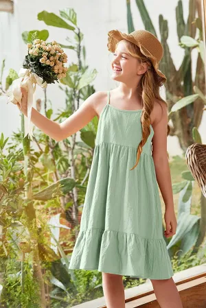 Arshiner Girl's Summer Sundress Spaghetti Strap Linen Midi Dress