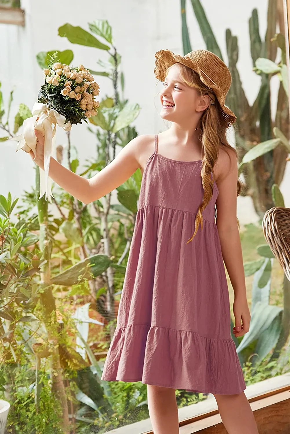 Arshiner Girl's Summer Sundress Spaghetti Strap Linen Midi Dress