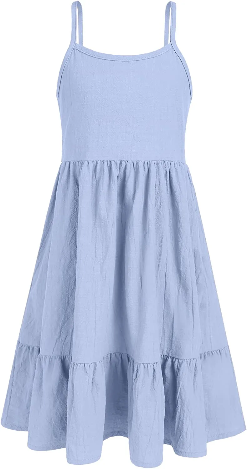 Arshiner Girl's Summer Sundress Spaghetti Strap Linen Midi Dress
