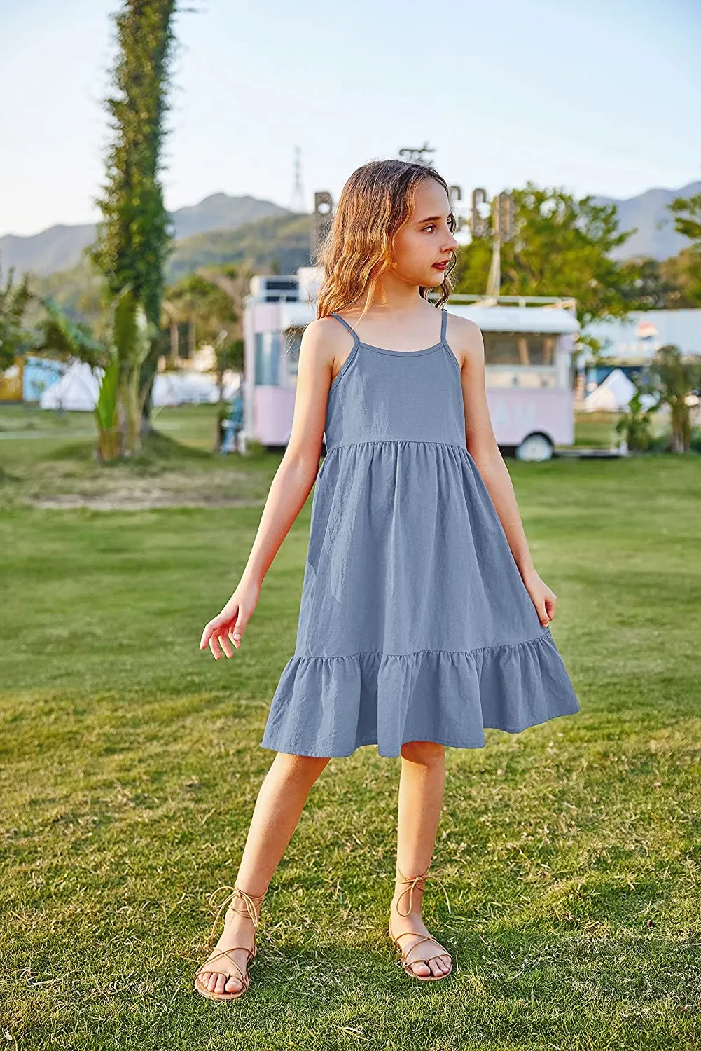 Arshiner Girl's Summer Sundress Spaghetti Strap Linen Midi Dress