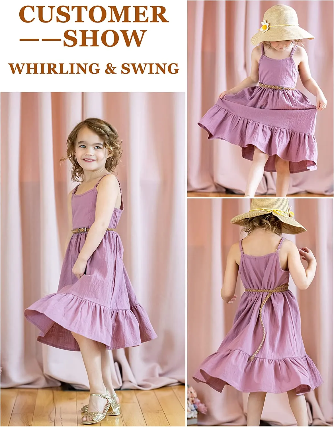 Arshiner Girl's Summer Sundress Spaghetti Strap Linen Midi Dress