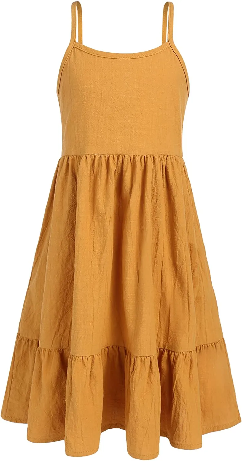 Arshiner Girl's Summer Sundress Spaghetti Strap Linen Midi Dress