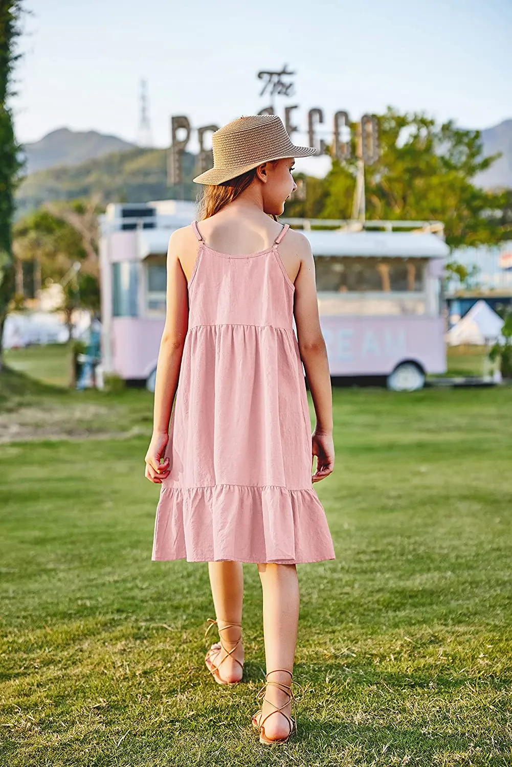 Arshiner Girl's Summer Sundress Spaghetti Strap Linen Midi Dress
