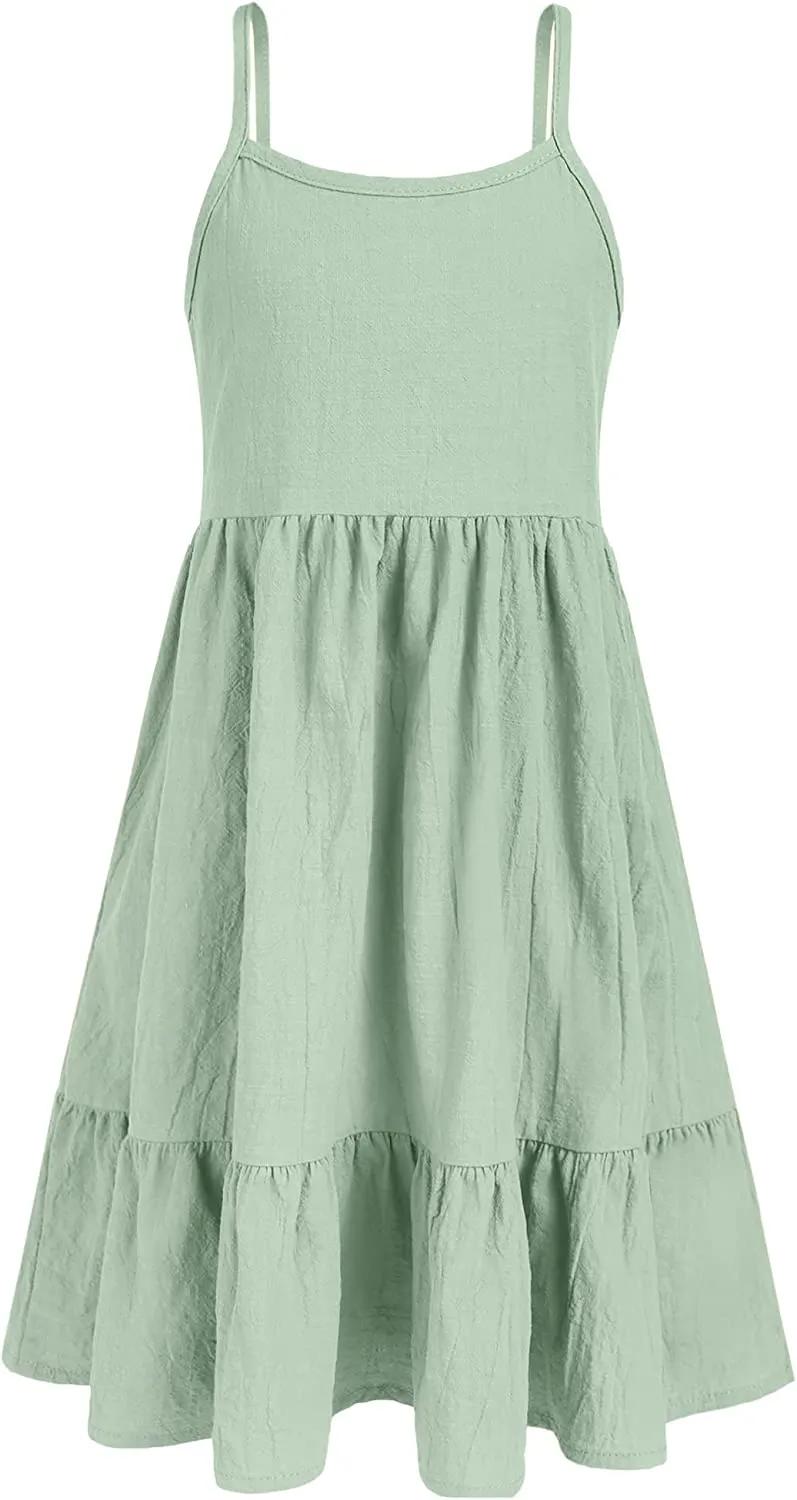 Arshiner Girl's Summer Sundress Spaghetti Strap Linen Midi Dress