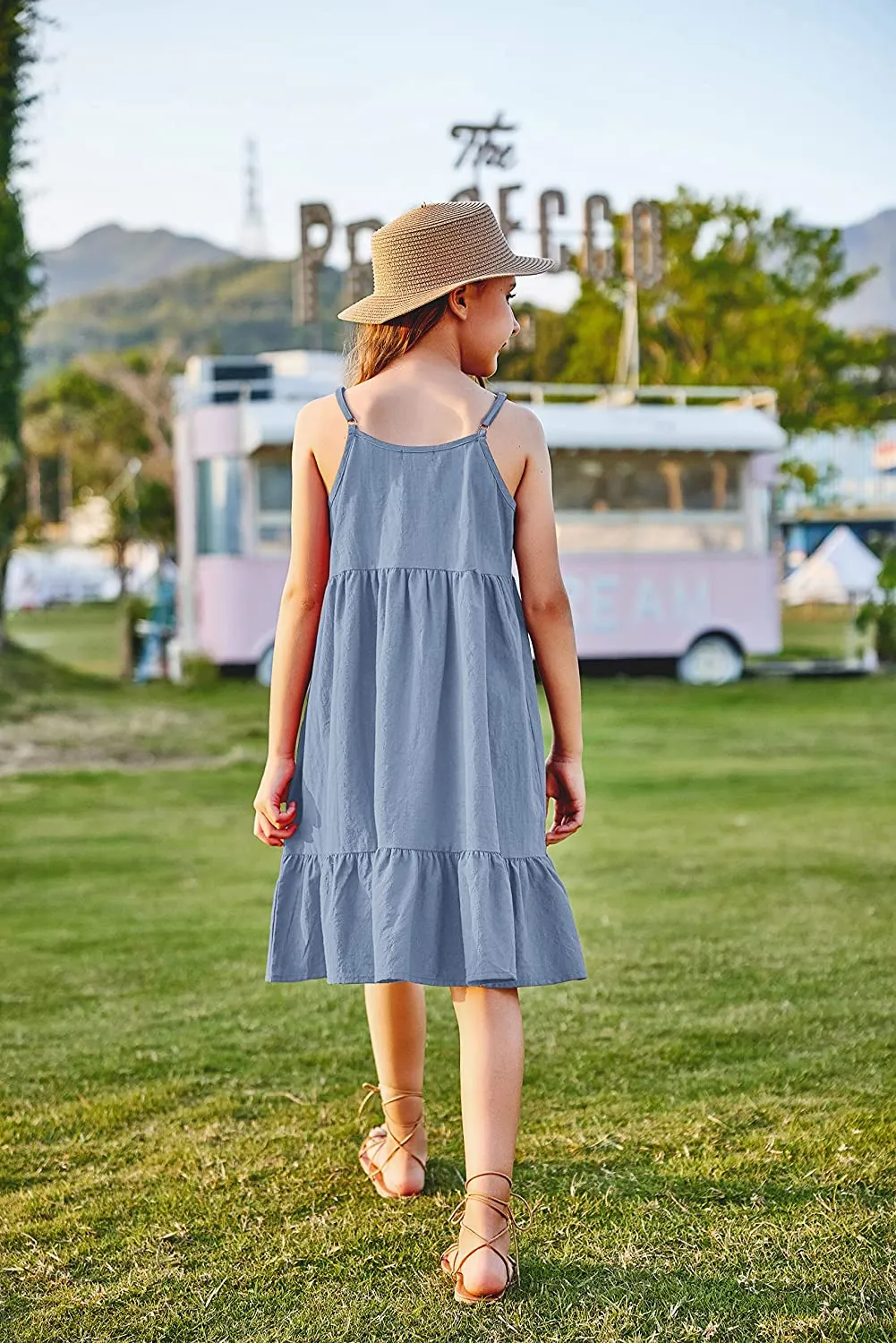Arshiner Girl's Summer Sundress Spaghetti Strap Linen Midi Dress