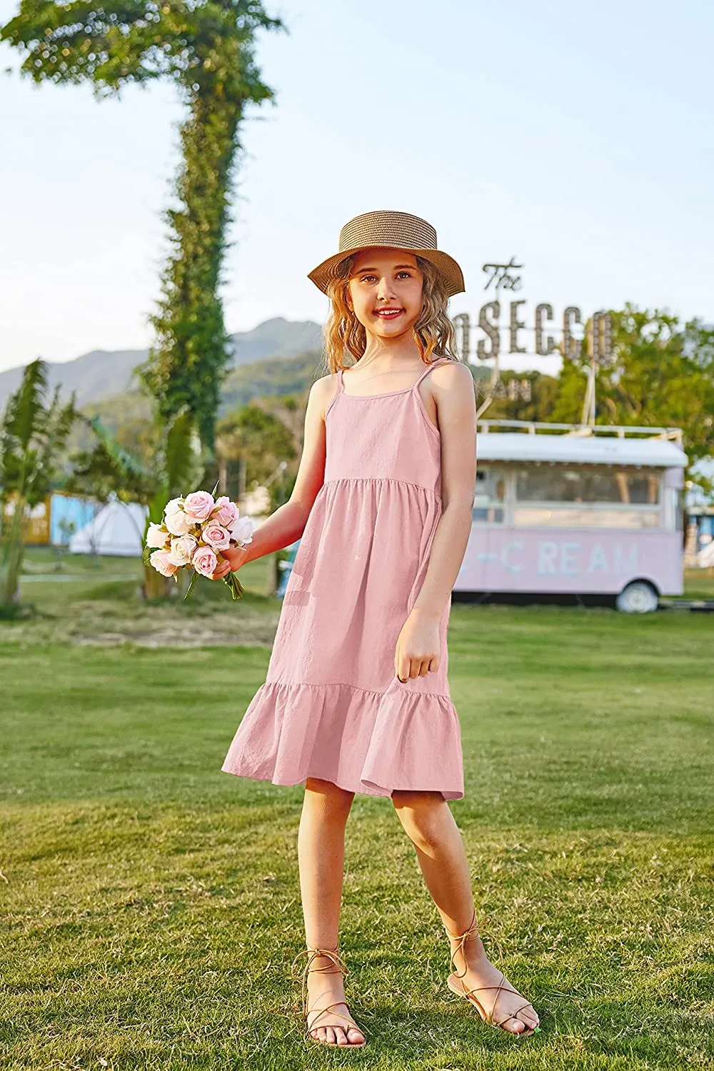 Arshiner Girl's Summer Sundress Spaghetti Strap Linen Midi Dress