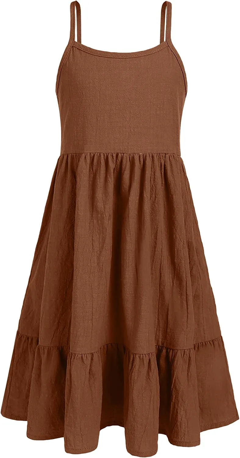 Arshiner Girl's Summer Sundress Spaghetti Strap Linen Midi Dress