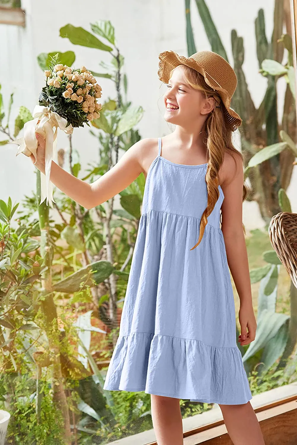 Arshiner Girl's Summer Sundress Spaghetti Strap Linen Midi Dress