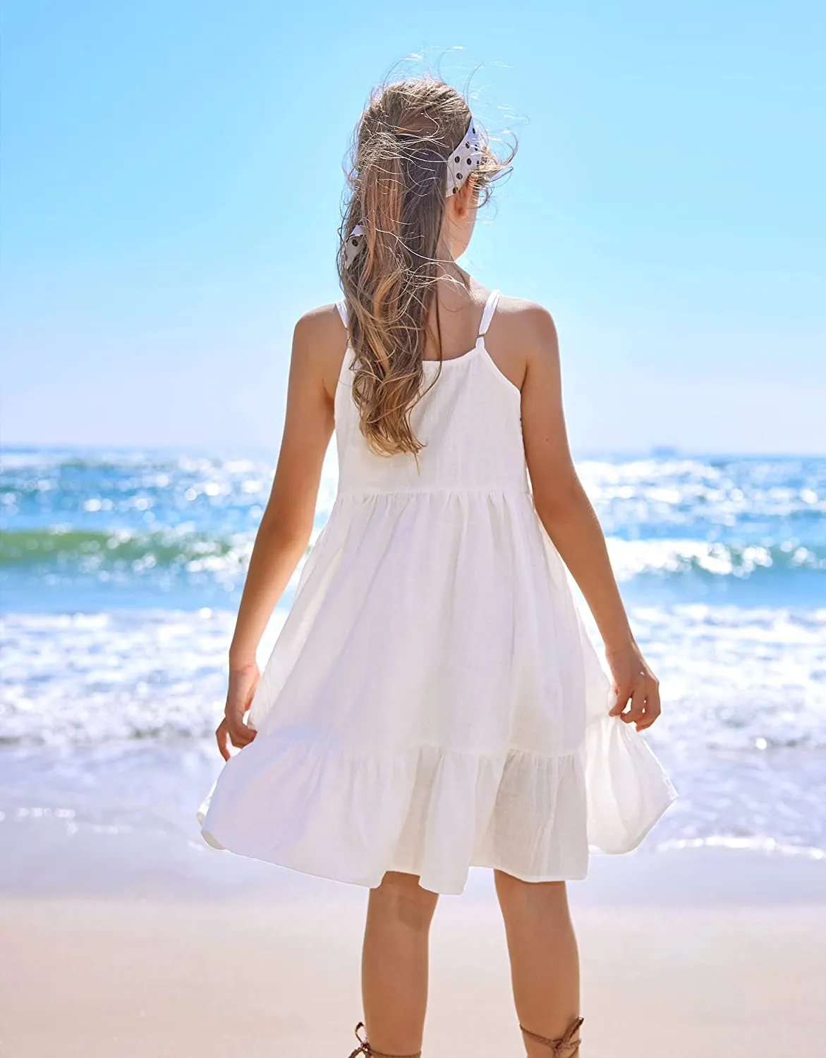 Arshiner Girl's Summer Sundress Spaghetti Strap Linen Midi Dress