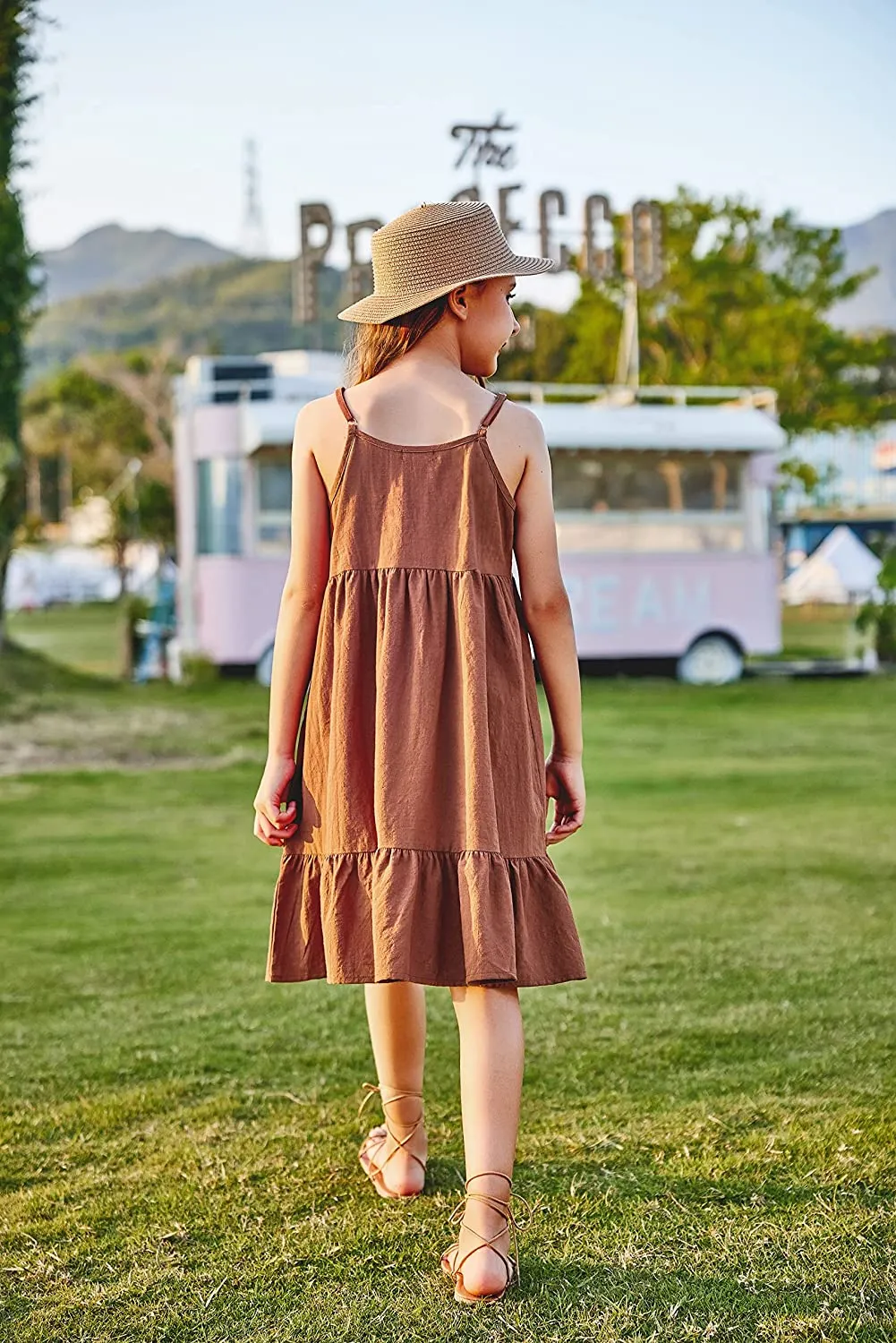Arshiner Girl's Summer Sundress Spaghetti Strap Linen Midi Dress