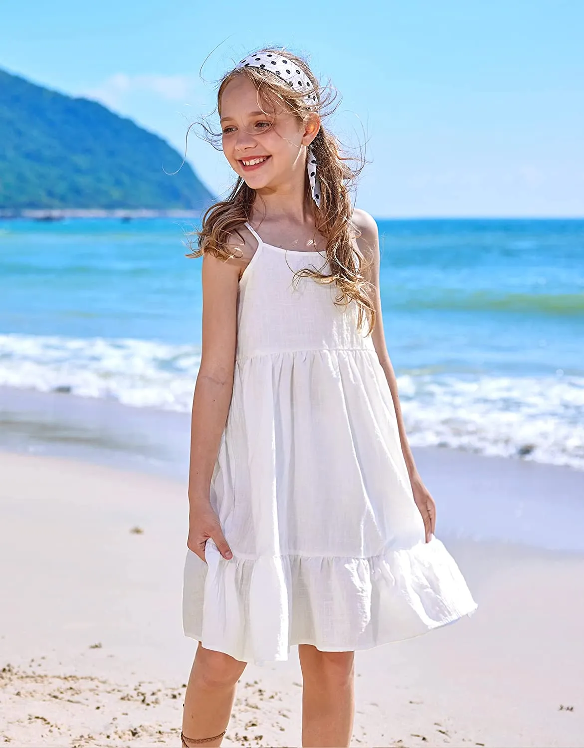 Arshiner Girl's Summer Sundress Spaghetti Strap Linen Midi Dress