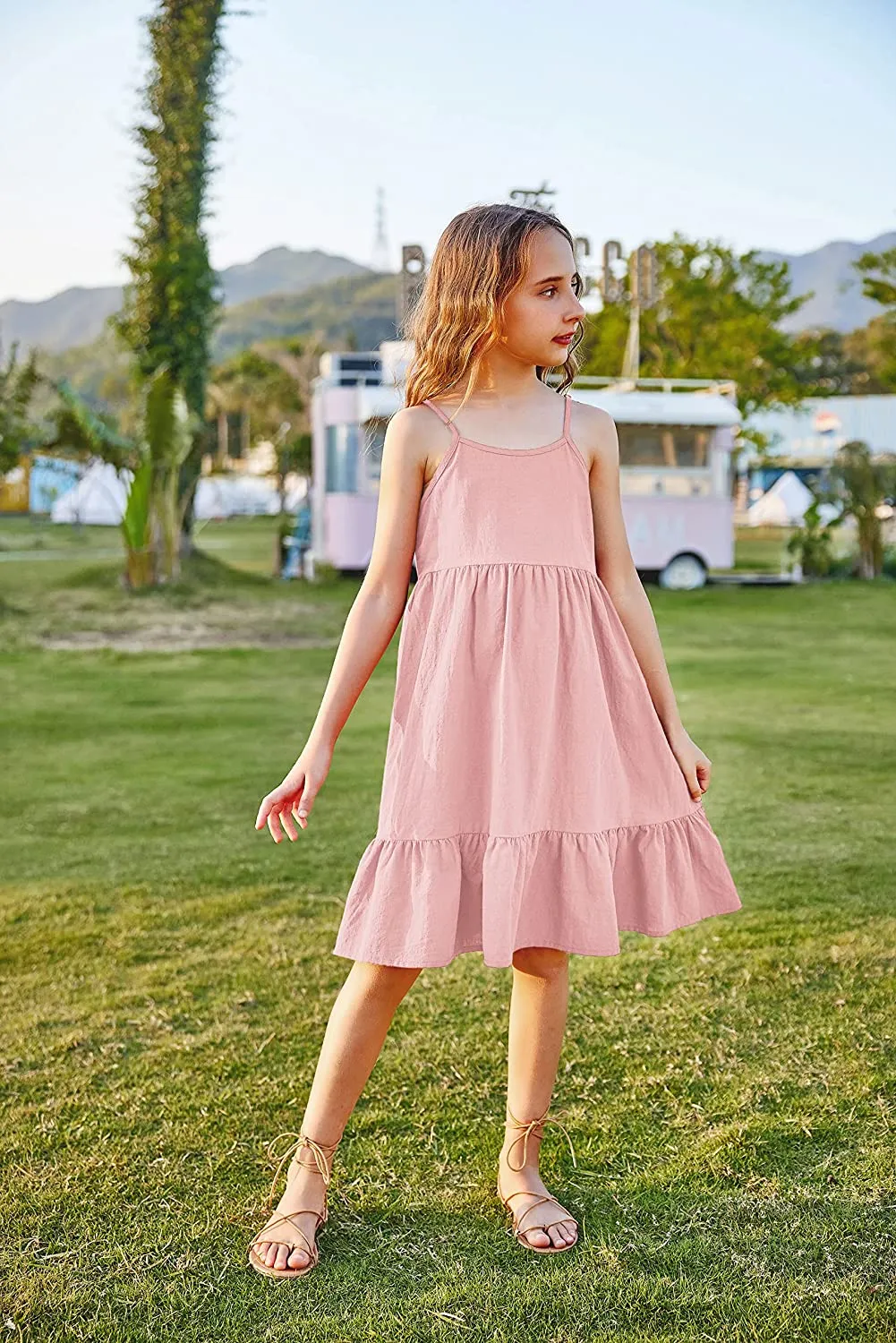 Arshiner Girl's Summer Sundress Spaghetti Strap Linen Midi Dress