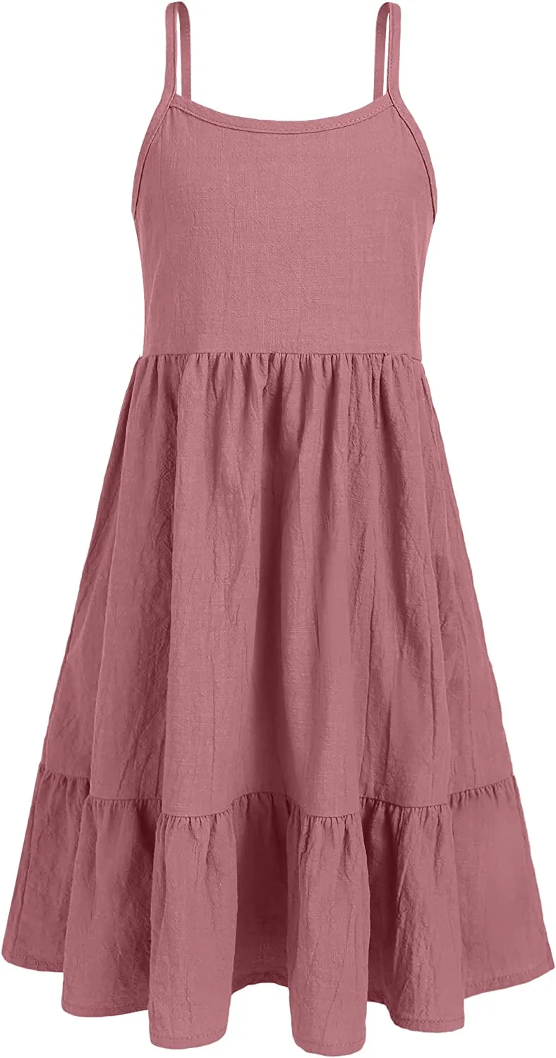 Arshiner Girl's Summer Sundress Spaghetti Strap Linen Midi Dress