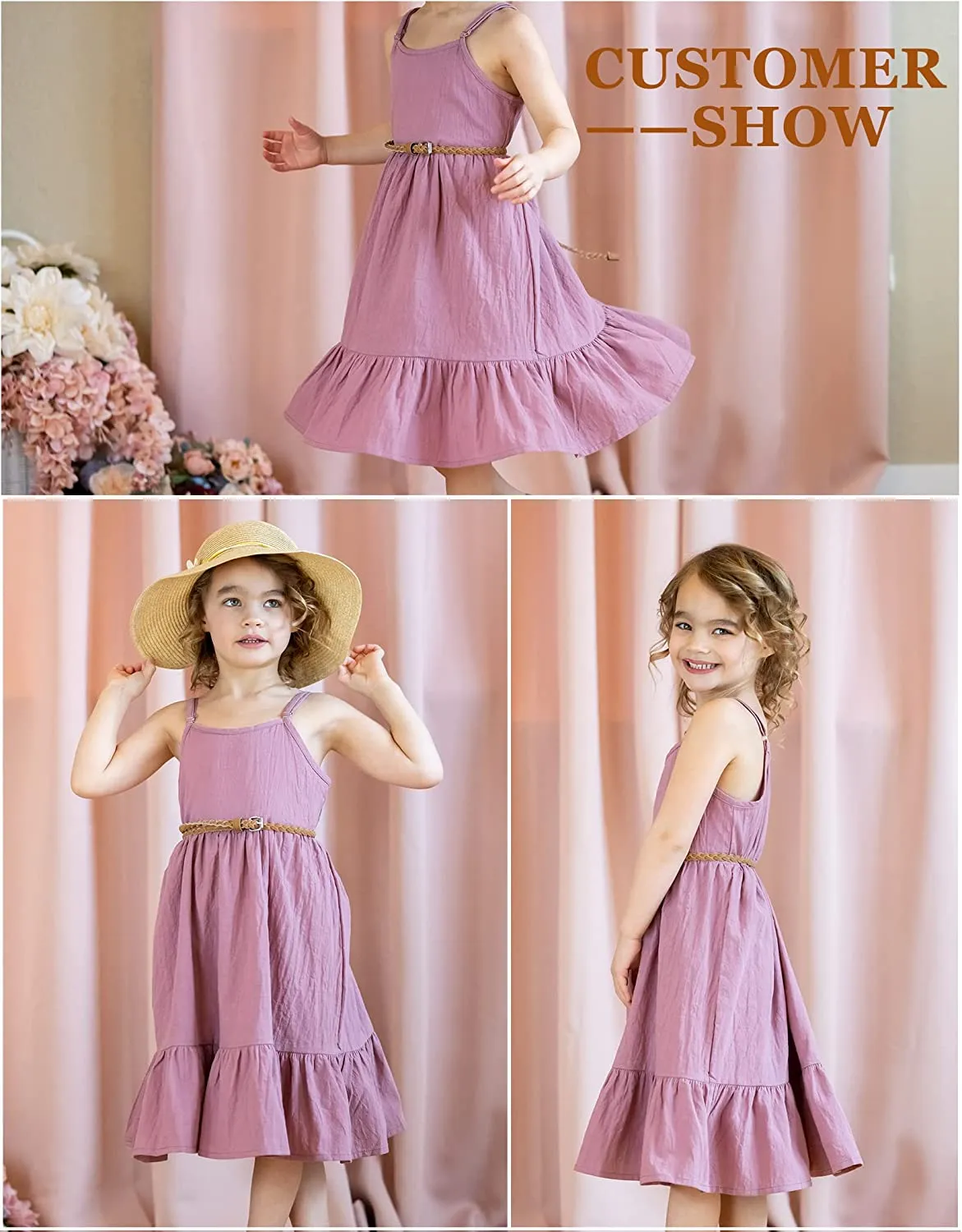 Arshiner Girl's Summer Sundress Spaghetti Strap Linen Midi Dress