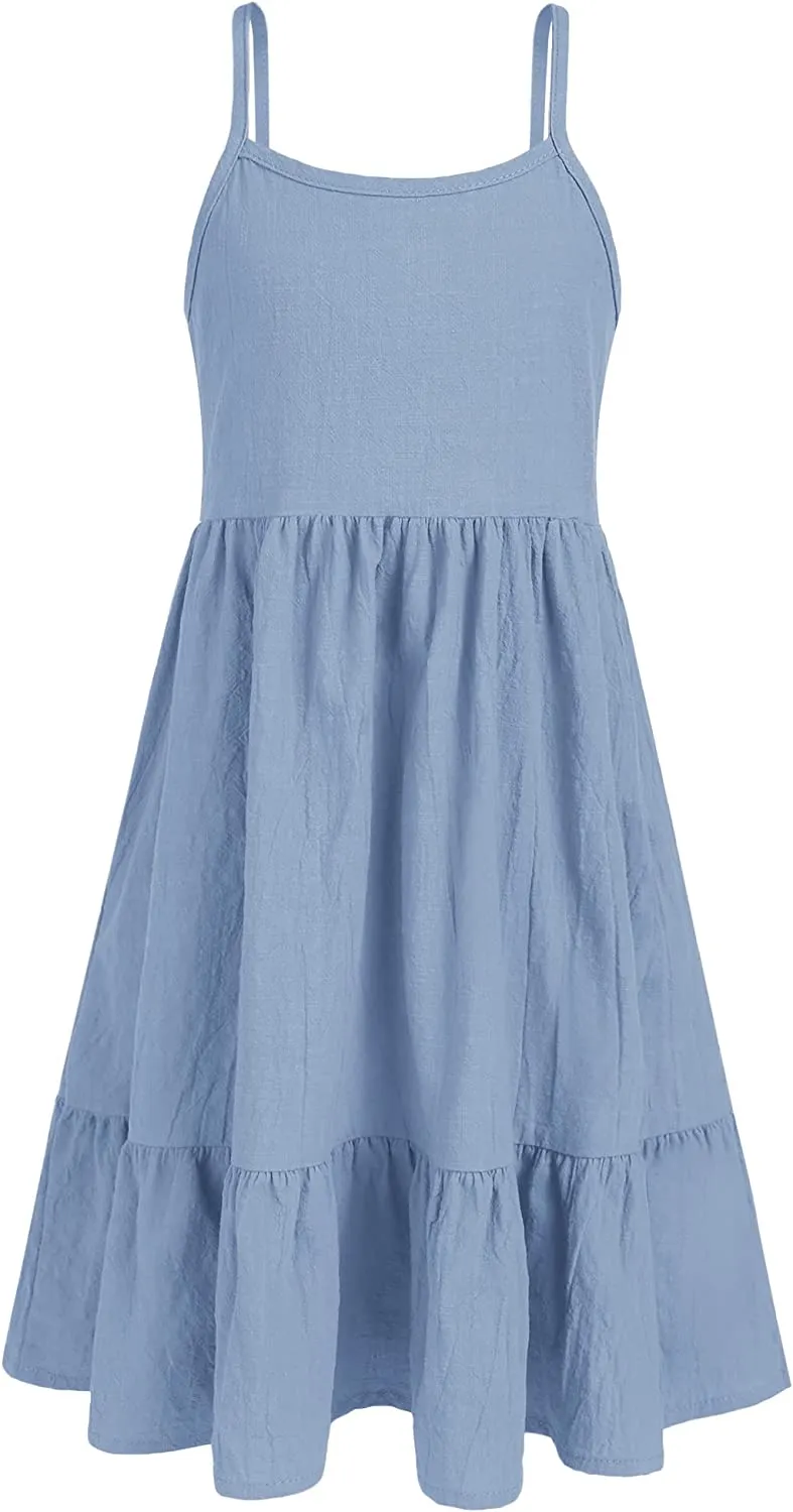 Arshiner Girl's Summer Sundress Spaghetti Strap Linen Midi Dress