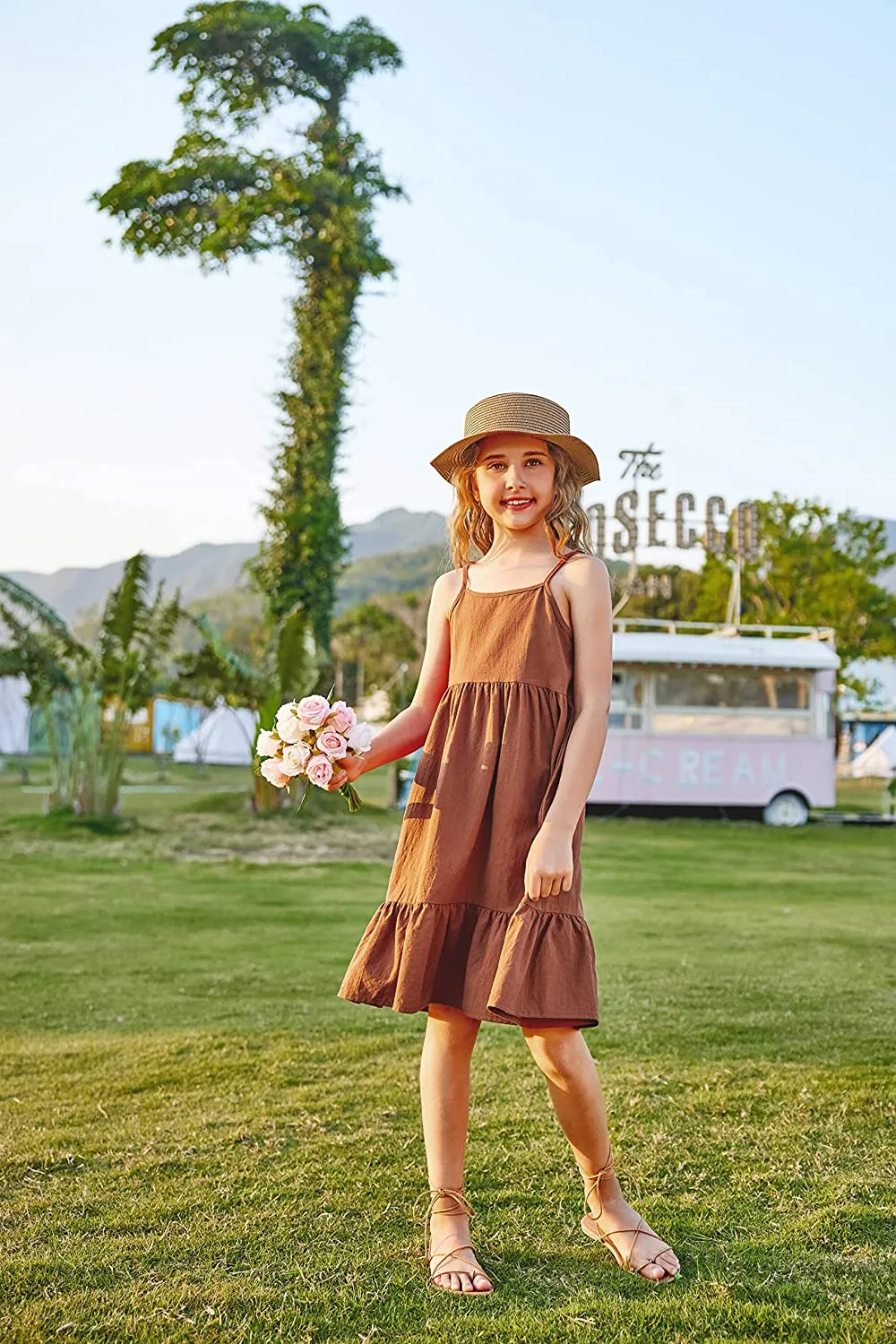 Arshiner Girl's Summer Sundress Spaghetti Strap Linen Midi Dress