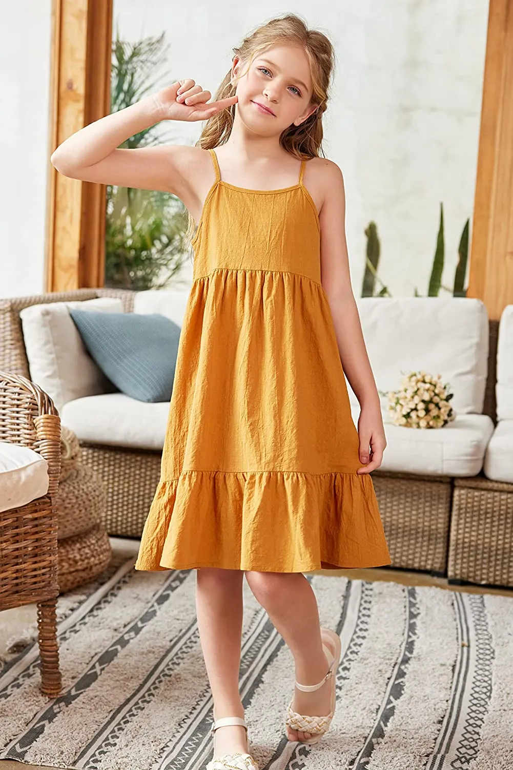 Arshiner Girl's Summer Sundress Spaghetti Strap Linen Midi Dress