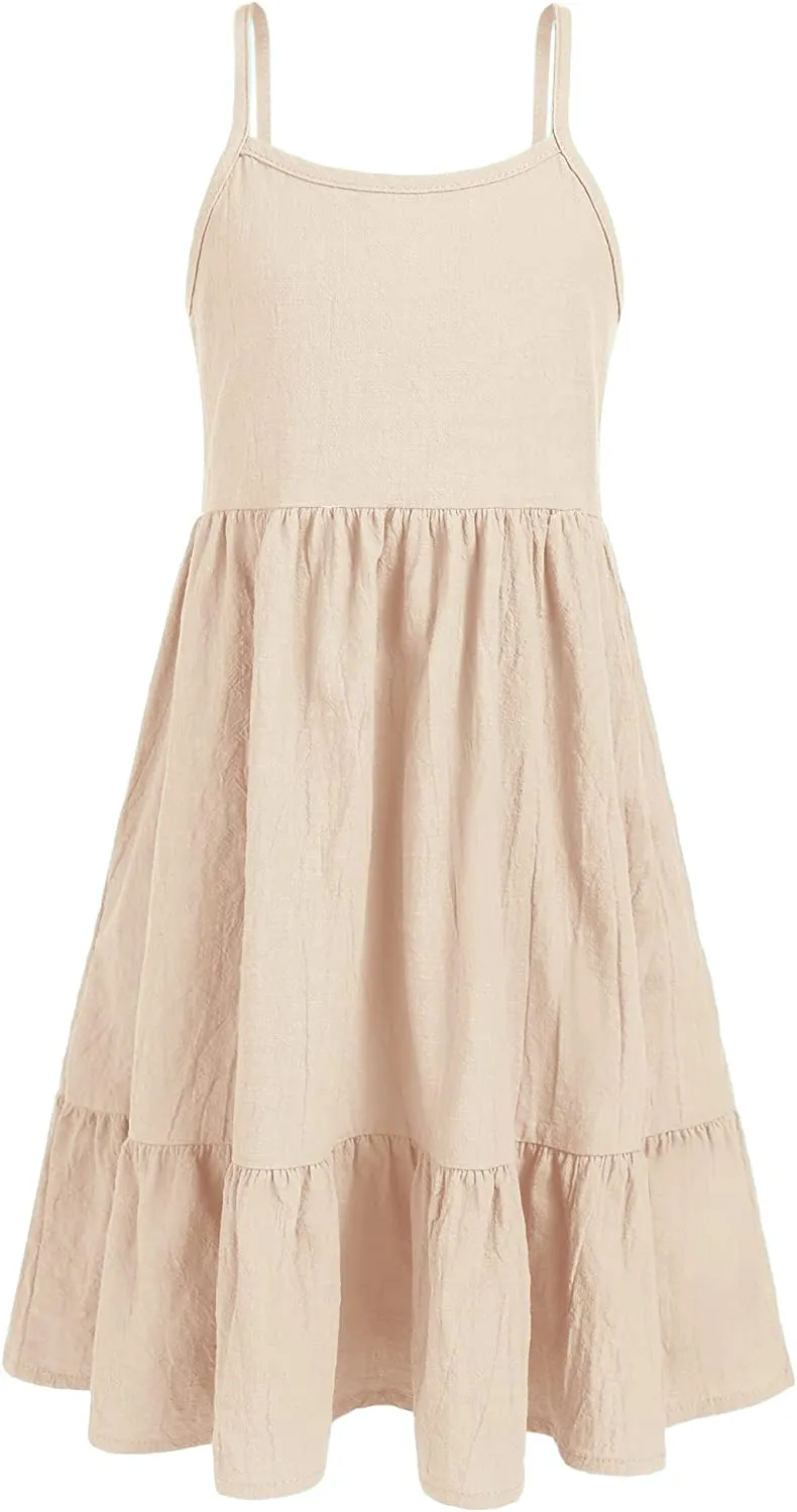 Arshiner Girl's Summer Sundress Spaghetti Strap Linen Midi Dress