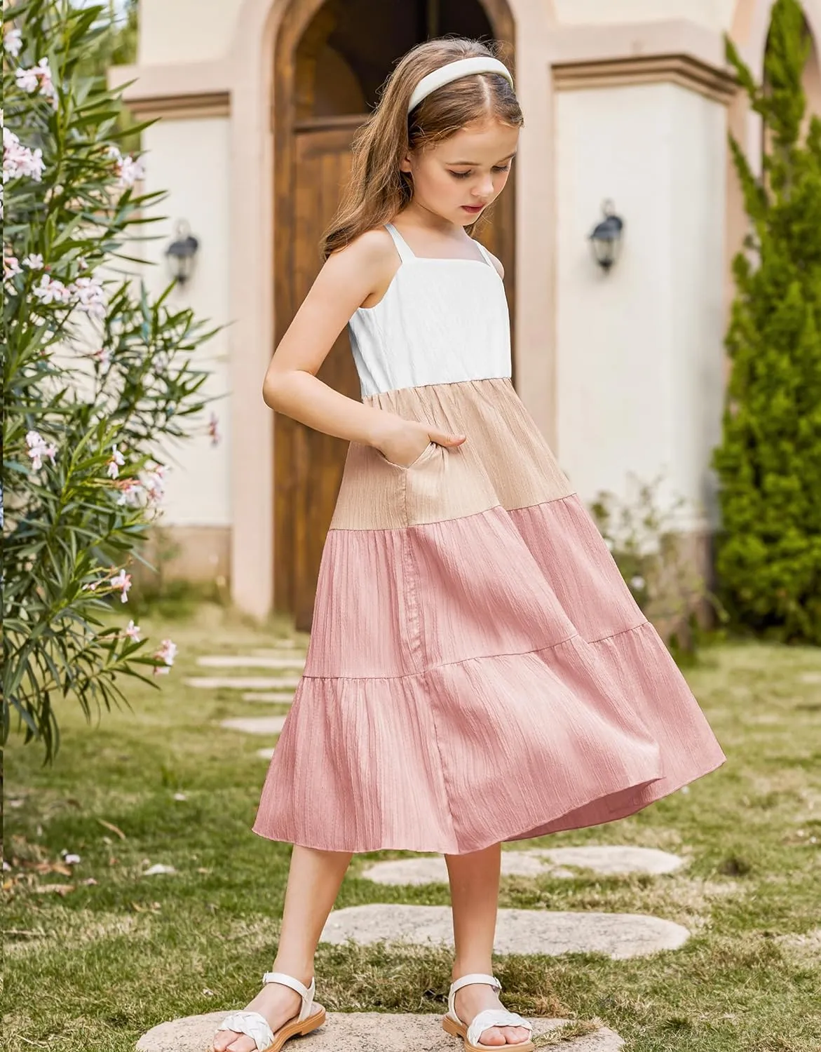 Arshiner Girl's Sundresses Boho Strap Tiered Cami Maxi Dresses