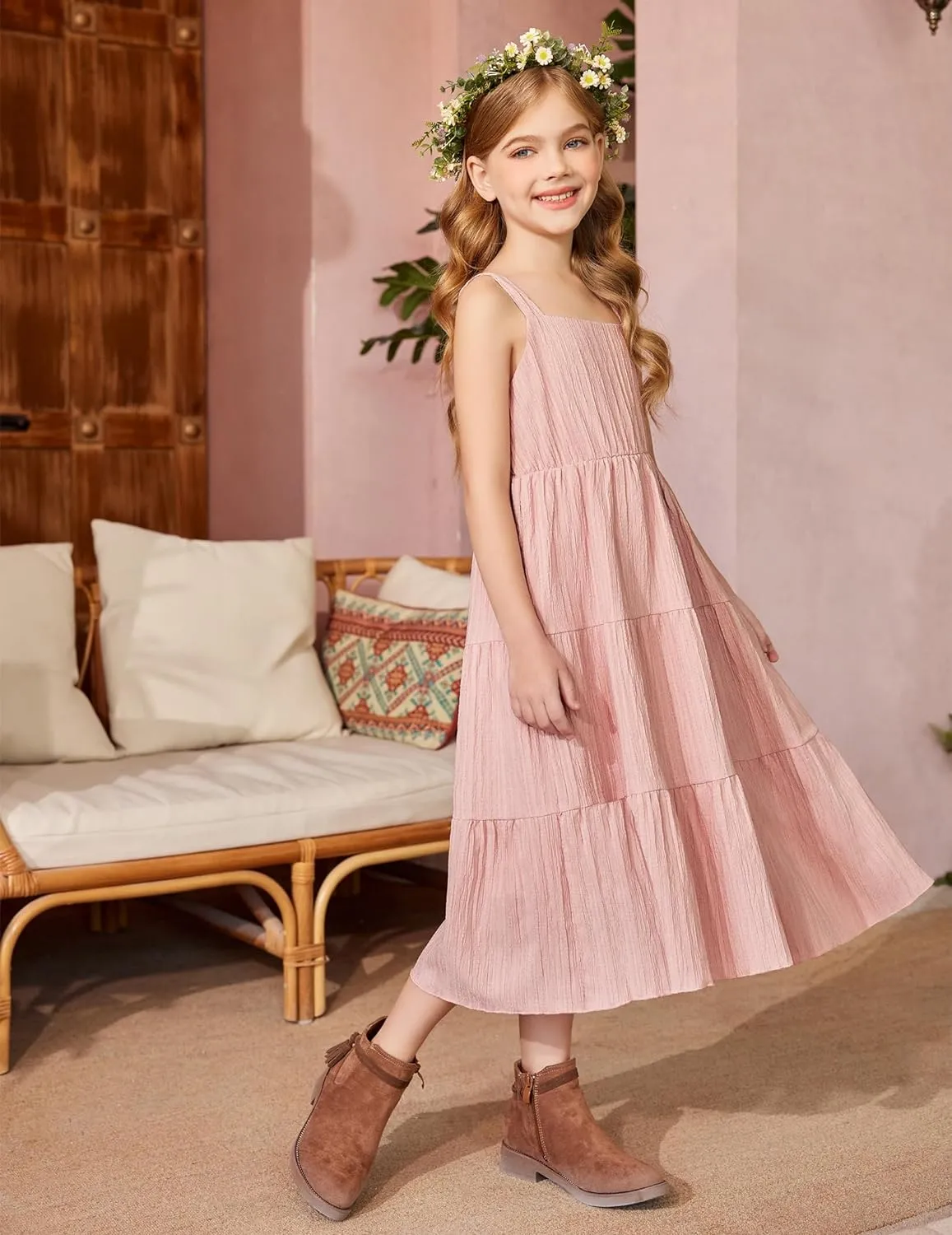 Arshiner Girl's Sundresses Boho Strap Tiered Cami Maxi Dresses