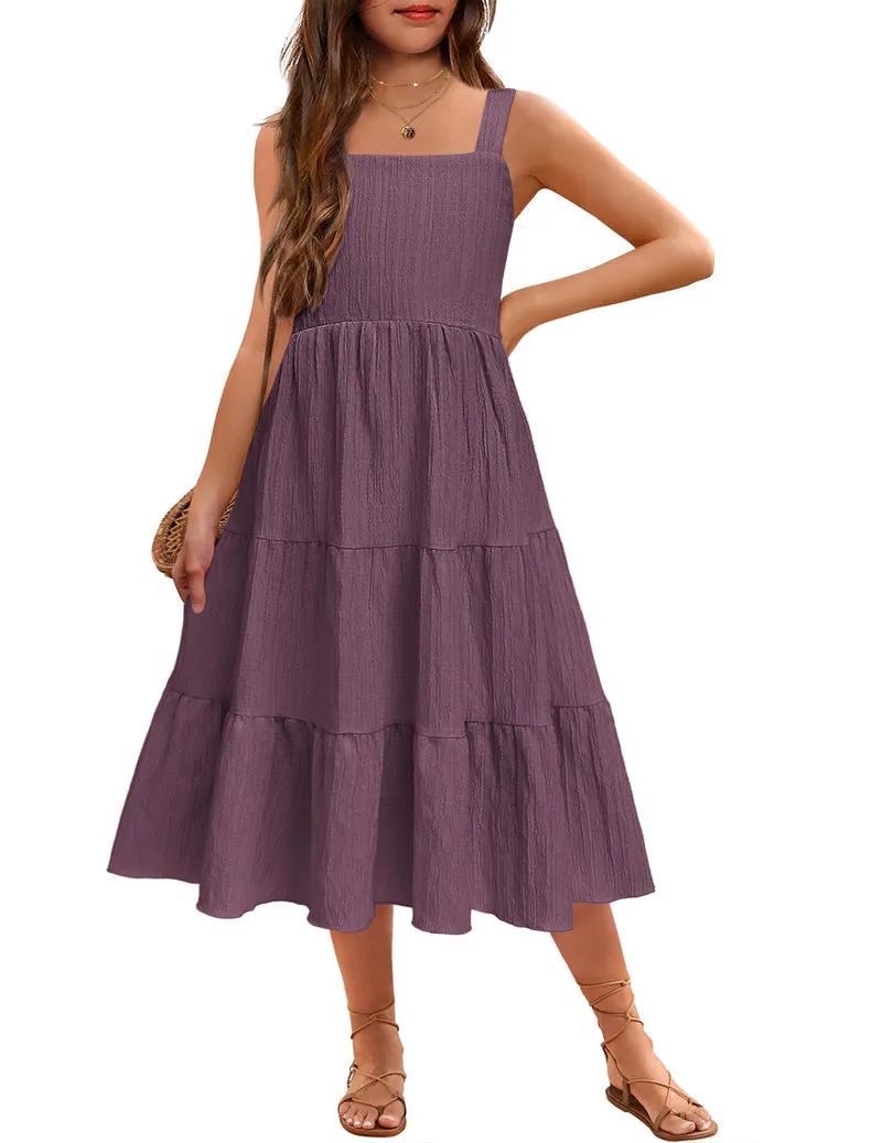 Arshiner Girl's Sundresses Boho Strap Tiered Cami Maxi Dresses
