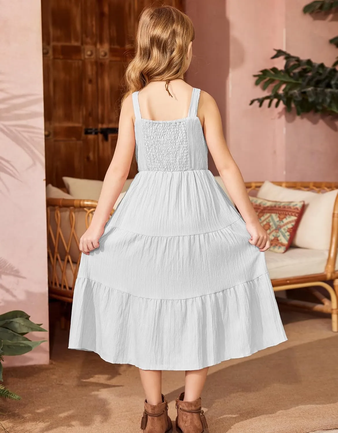 Arshiner Girl's Sundresses Boho Strap Tiered Cami Maxi Dresses