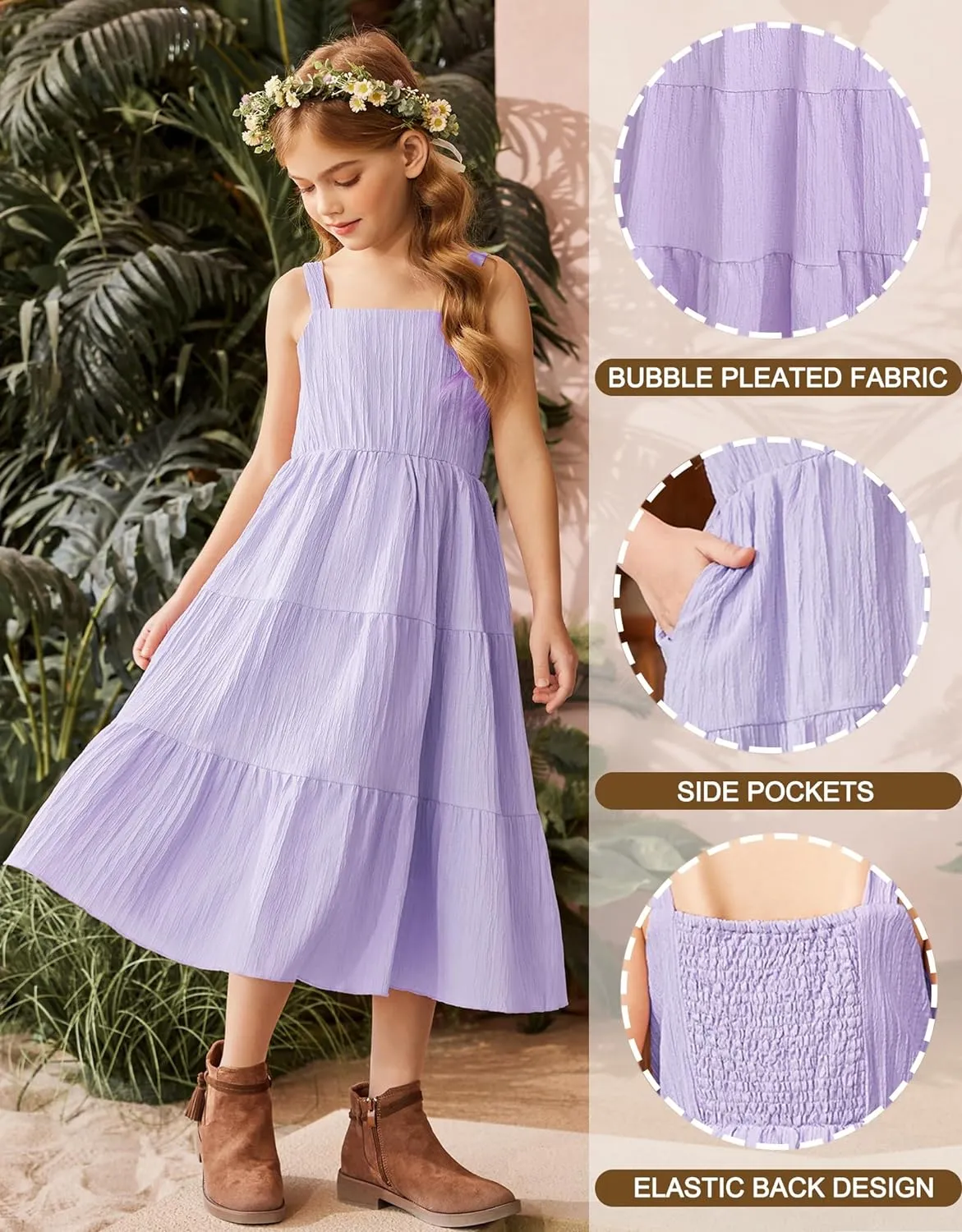 Arshiner Girl's Sundresses Boho Strap Tiered Cami Maxi Dresses