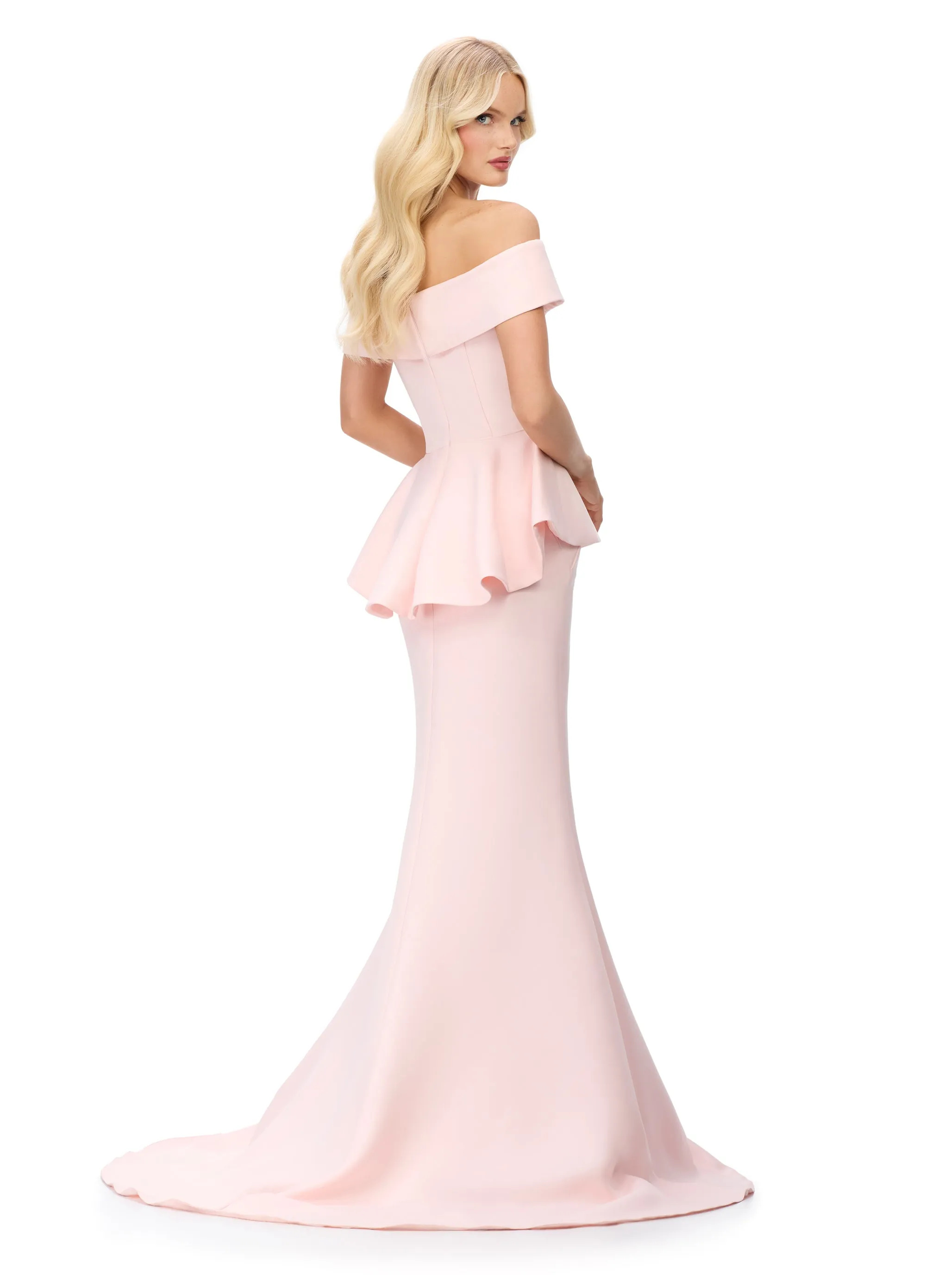 Ashley Lauren 11710 Off The Shoulder Evening Gown V Neckline Peplum Waist Long Fit and Flare Dress