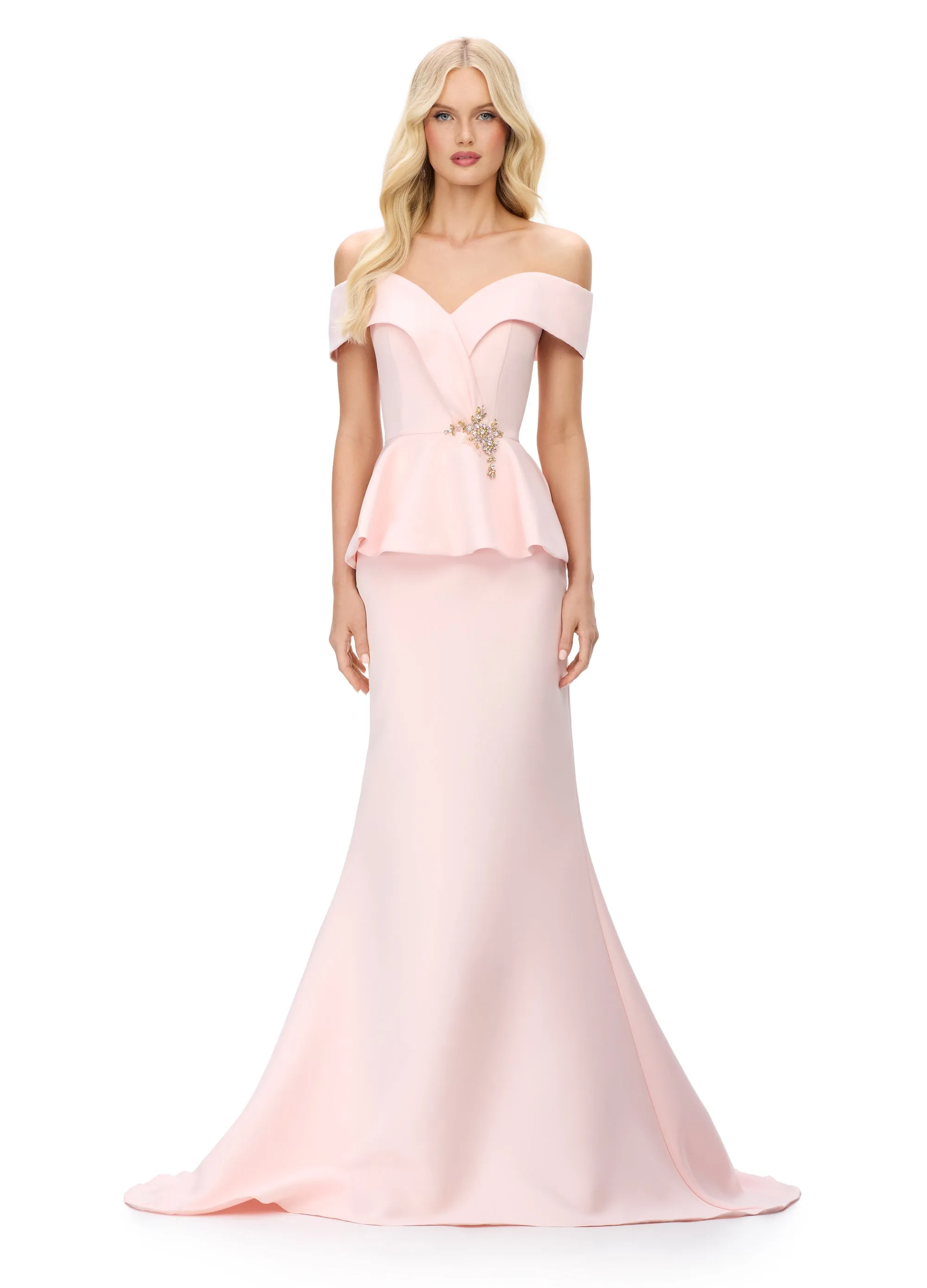 Ashley Lauren 11710 Off The Shoulder Evening Gown V Neckline Peplum Waist Long Fit and Flare Dress