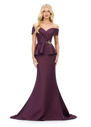 Ashley Lauren 11710 Off The Shoulder Evening Gown V Neckline Peplum Waist Long Fit and Flare Dress