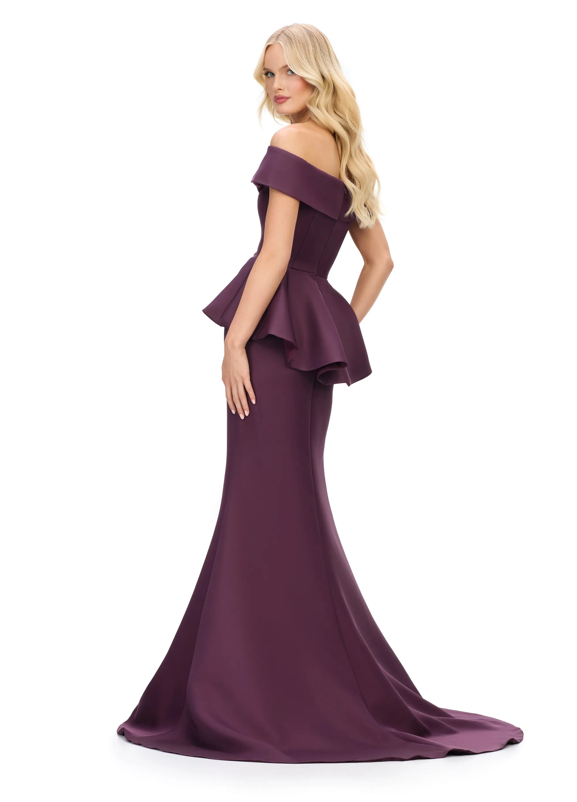 Ashley Lauren 11710 Off The Shoulder Evening Gown V Neckline Peplum Waist Long Fit and Flare Dress