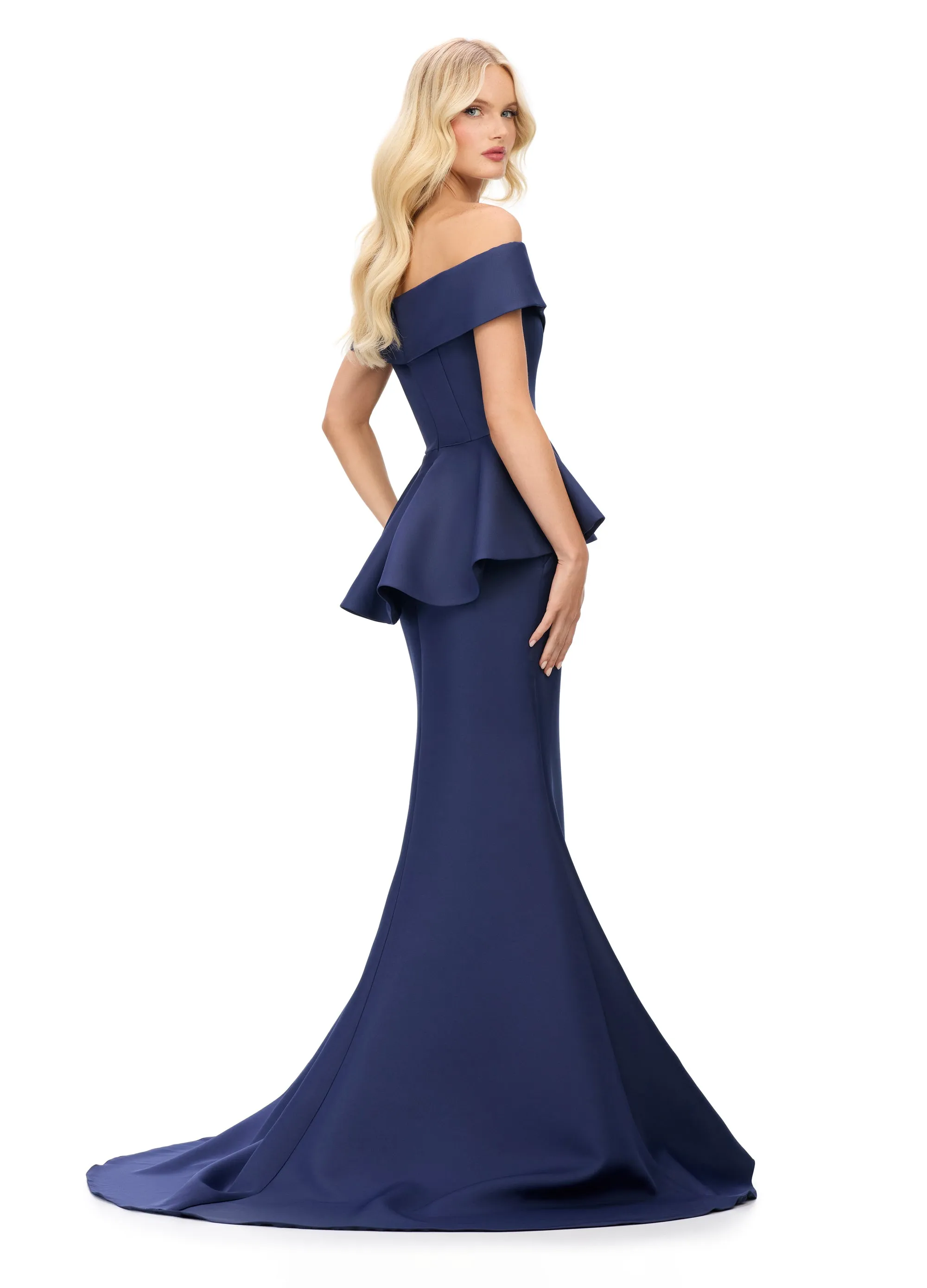 Ashley Lauren 11710 Off The Shoulder Evening Gown V Neckline Peplum Waist Long Fit and Flare Dress