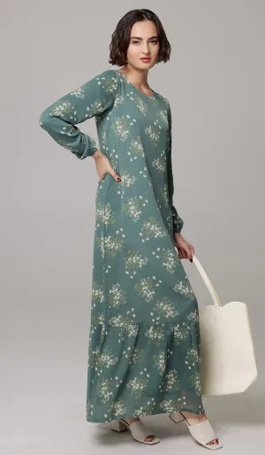 Batool Print Chiffon Modest Long Maxi Dress - Jade Floral - PREORDER (ships in 2 weeks)