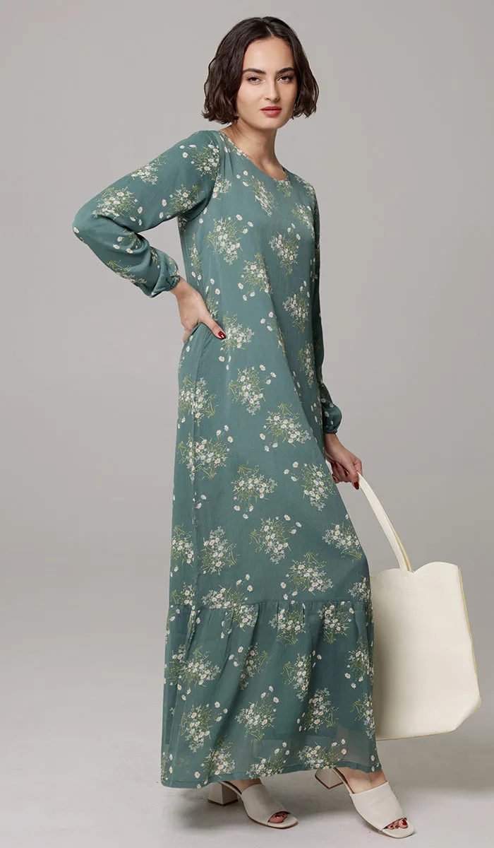 Batool Print Chiffon Modest Long Maxi Dress - Jade Floral - PREORDER (ships in 2 weeks)