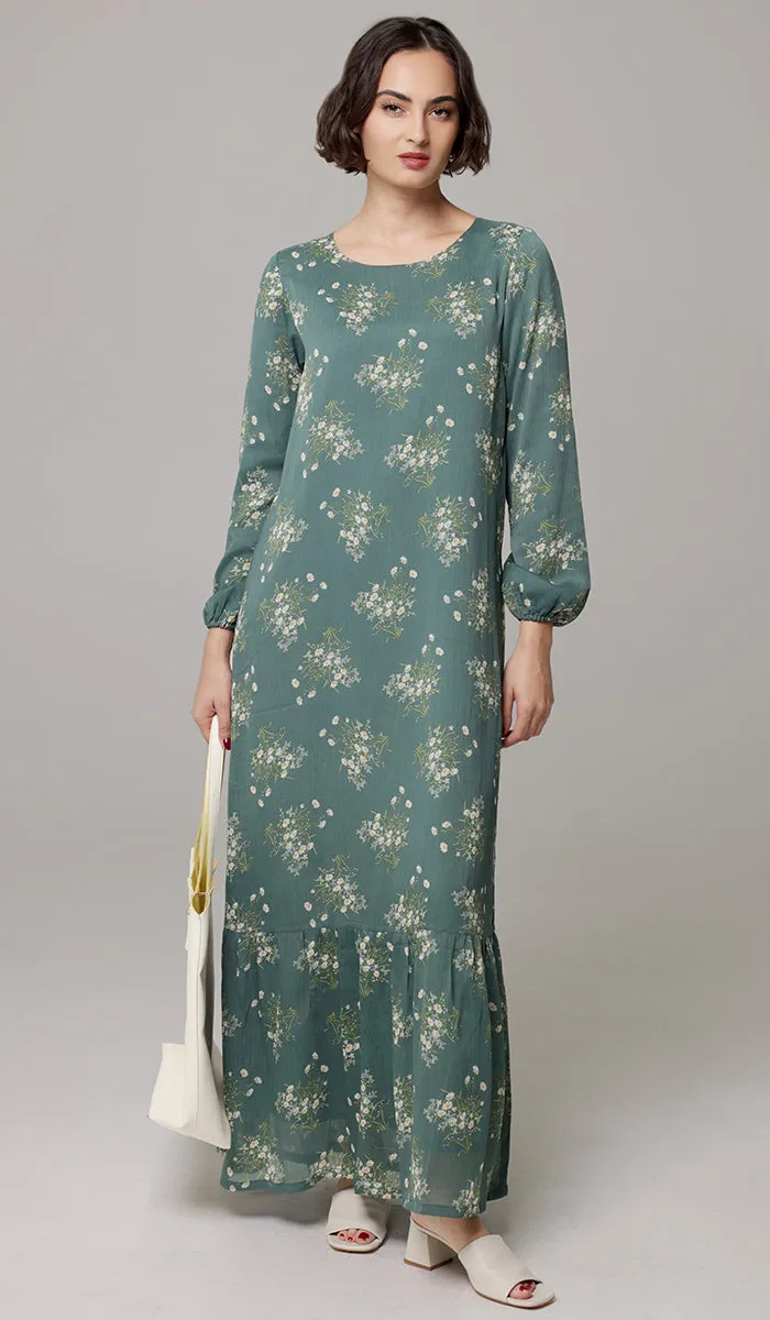 Batool Print Chiffon Modest Long Maxi Dress - Jade Floral - PREORDER (ships in 2 weeks)