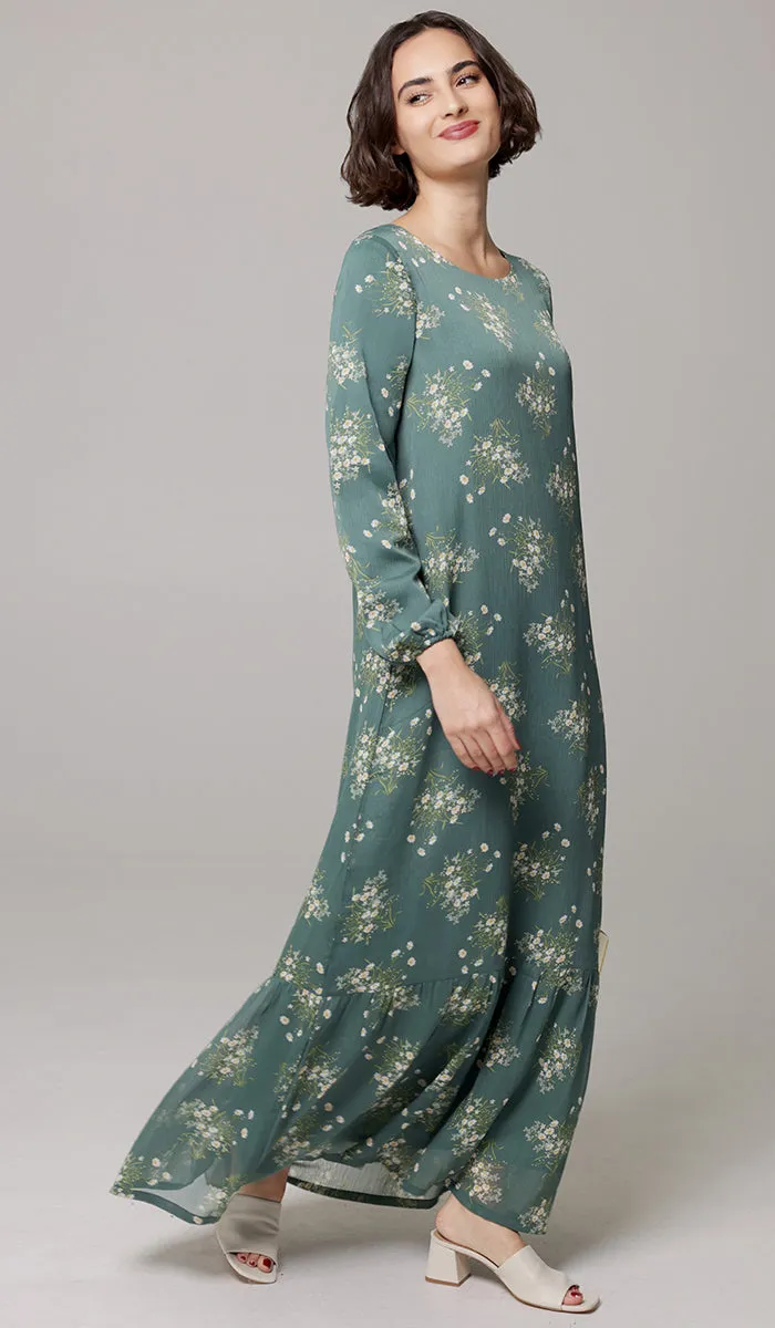 Batool Print Chiffon Modest Long Maxi Dress - Jade Floral - PREORDER (ships in 2 weeks)