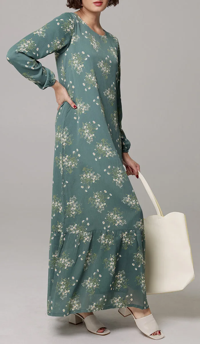 Batool Print Chiffon Modest Long Maxi Dress - Jade Floral - PREORDER (ships in 2 weeks)