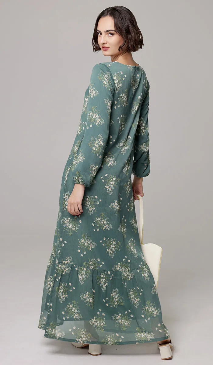 Batool Print Chiffon Modest Long Maxi Dress - Jade Floral - PREORDER (ships in 2 weeks)