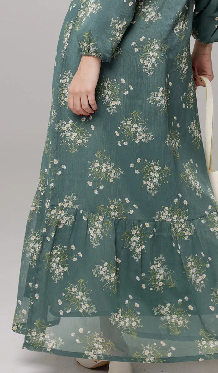 Batool Print Chiffon Modest Long Maxi Dress - Jade Floral - PREORDER (ships in 2 weeks)