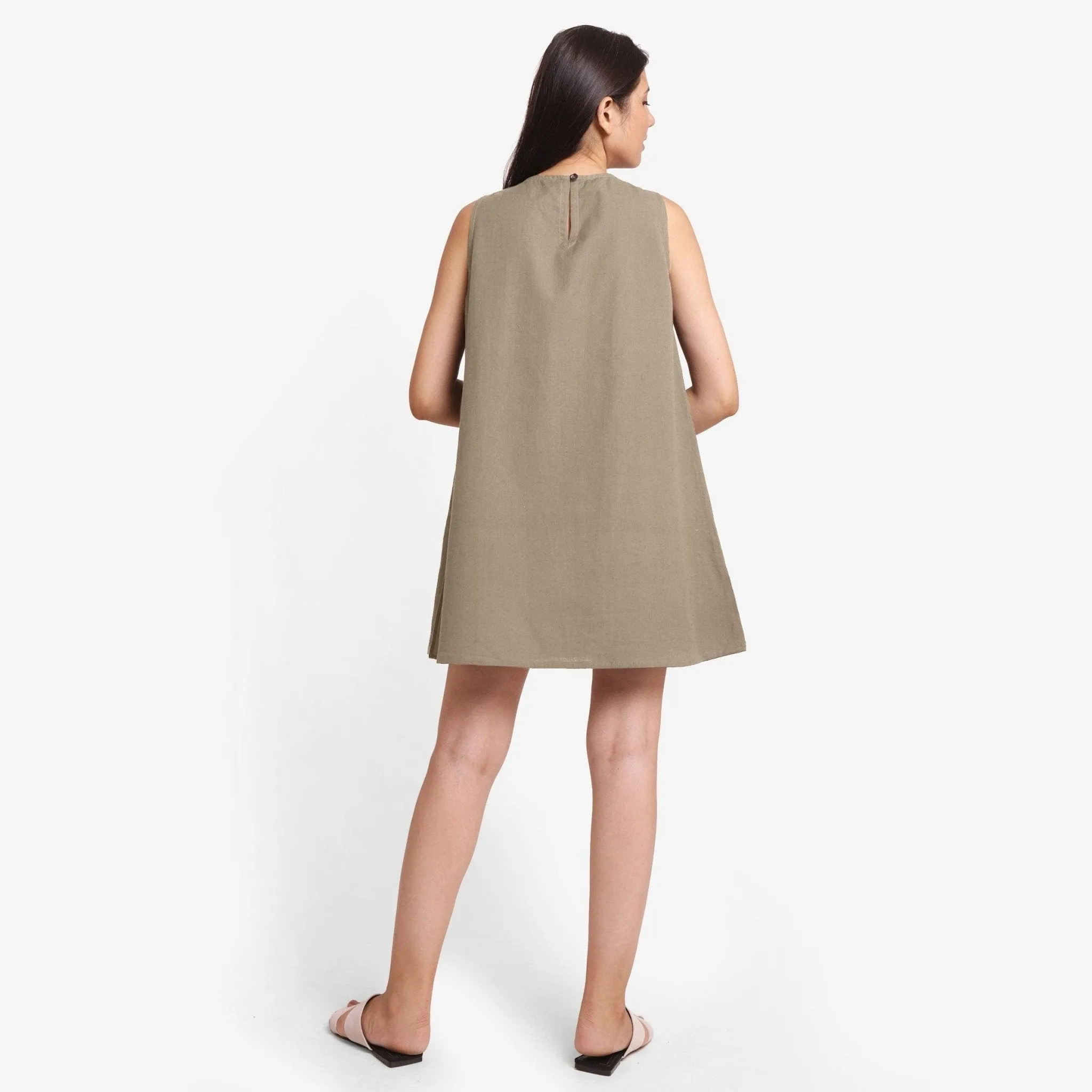 Beige Cotton Flax Sleeveless A-Line Mini Dress